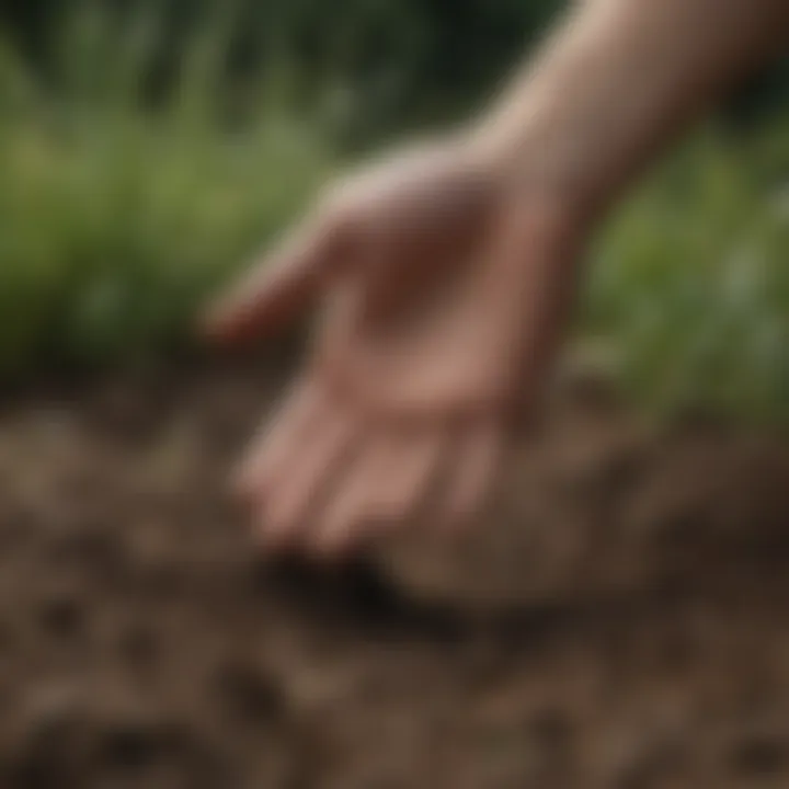 Hand gently patting down soil over grass seed