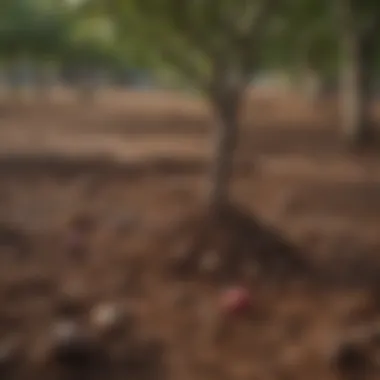 Soil amendments spread on clay soil near young apple trees