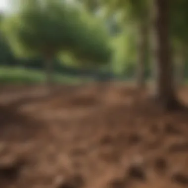 An overview of clay soil with apple trees in the background