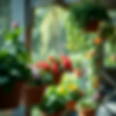 Expertly arranged hanging baskets in a serene garden setting.