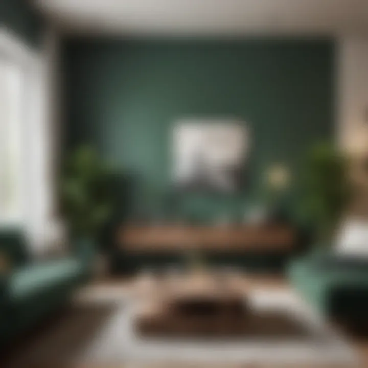 Modern living room featuring a deep green accent wall