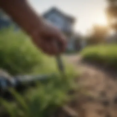 Hand holding a specialized tool for precise crabgrass removal