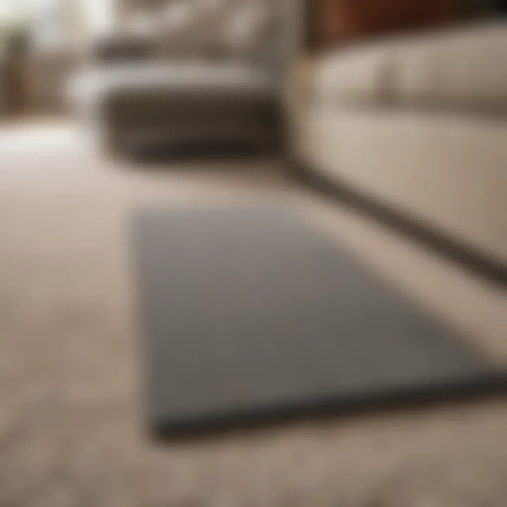 Couch positioned on a non-slip mat on carpet