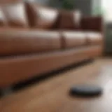 Couch with rubber pads preventing sliding on hardwood floor