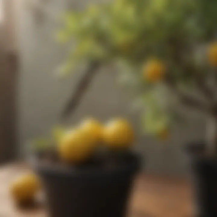 Pruning shears positioned near a potted lemon tree