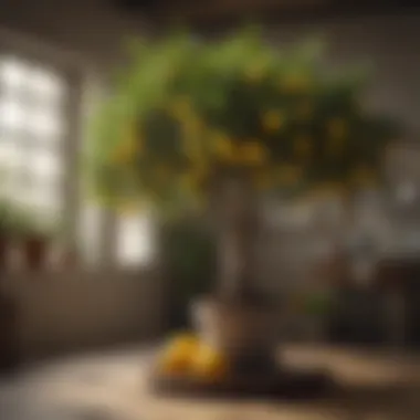 Thriving Potted Lemon Tree with Fruit and Blossoms A vibrant potted lemon tree with fruits and blossoms in an indoor setting