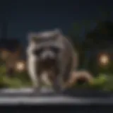 Raccoon climbing on roof at night