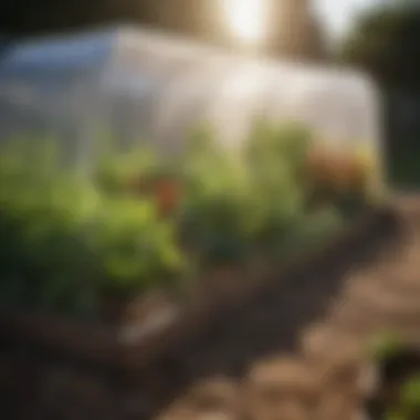 Vegetable bed with protective cover under the sunlight