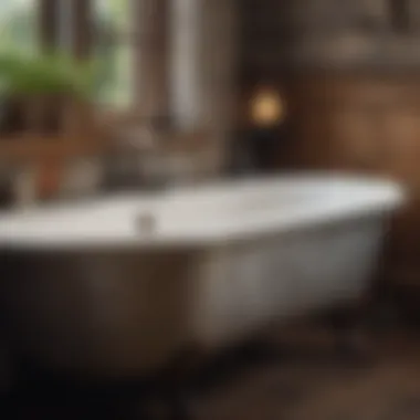 Rustic metal bathtub shelf with vintage decor