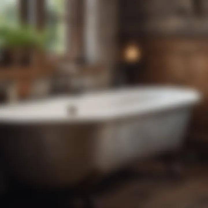 Rustic metal bathtub shelf with vintage decor