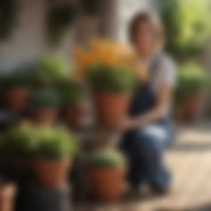 Gardener caring for potted flowers in full sunlight