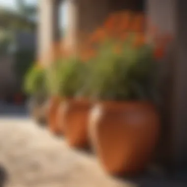 Vibrant flowering plants in large pots under bright sunlight