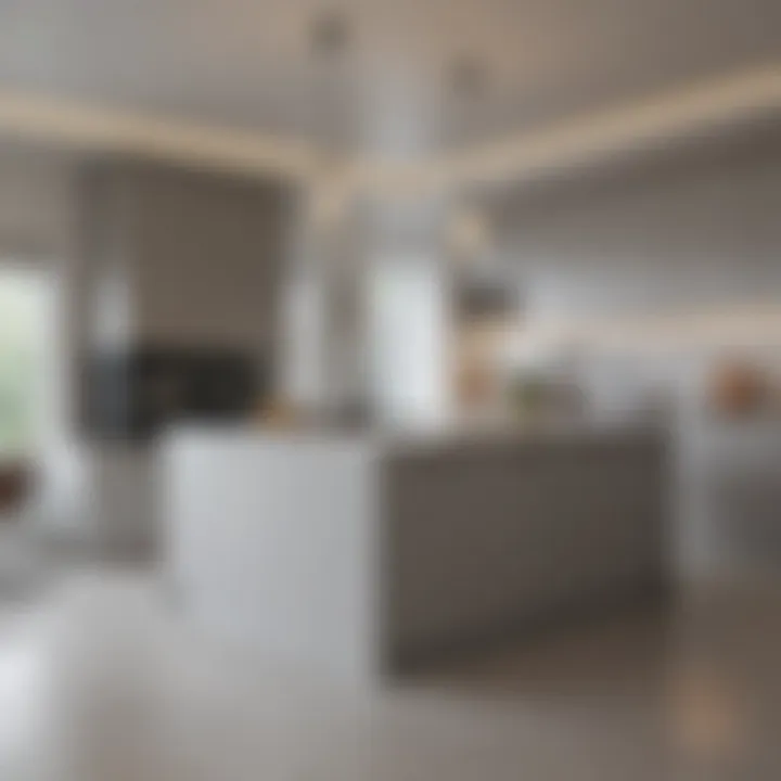 Sleek grey and white kitchen island with pendant lighting