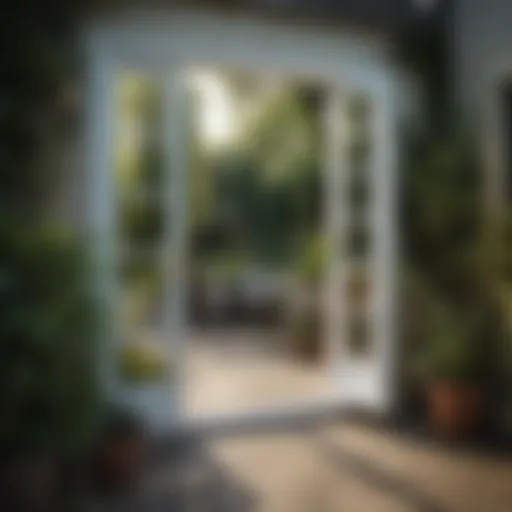 Elegant small patio French doors opening to a lush garden