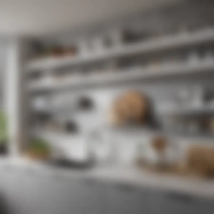 Sophisticated grey and white kitchen with open shelving