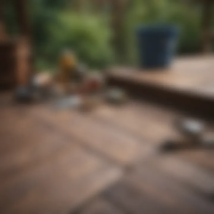 Tools and materials for deck staining arranged neatly