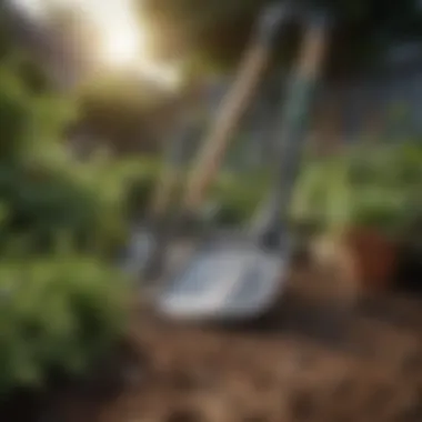 Close-up of garden tools next to well-maintained garden beds.