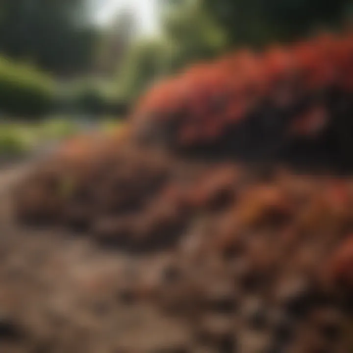 A thick layer of mulch covering the soil in a vibrant garden bed.