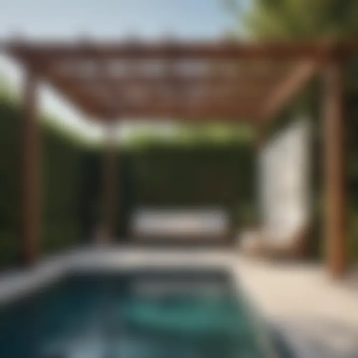 Stylish wooden pergola providing shade by the pool