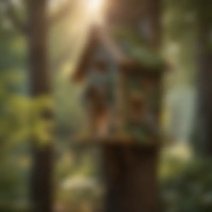 Sunlight filtering through trees onto a bird house in a tranquil setting