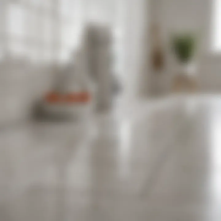 Close-up of pristine white tiles reflecting natural light in a kitchen.