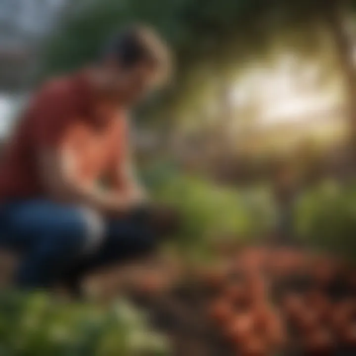 Gardener applying fertilizer to tomato plants