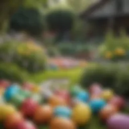 Vibrant garden with oversized Easter eggs in various colors