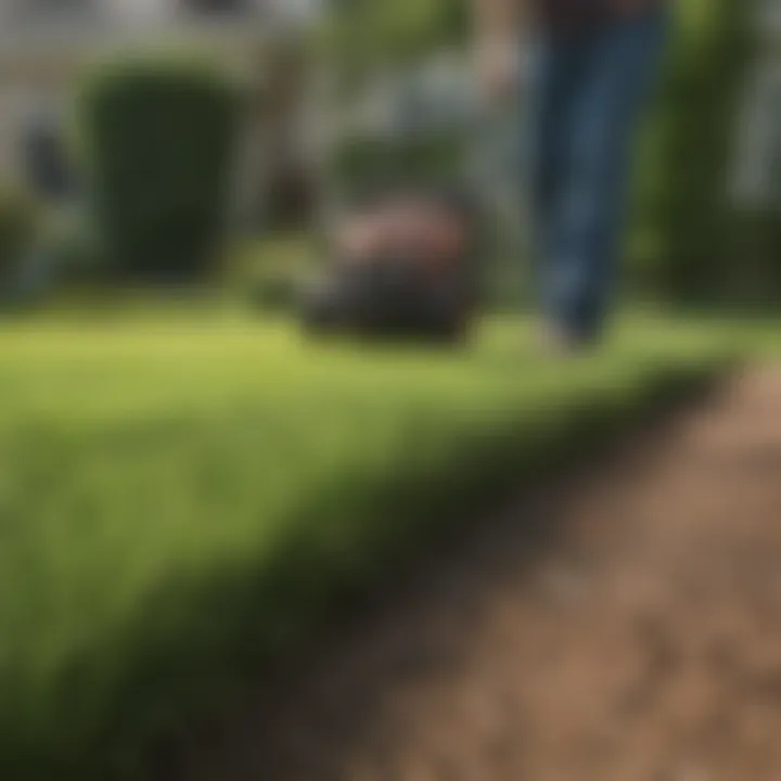 A homeowner applying fertilizer to a healthy lawn