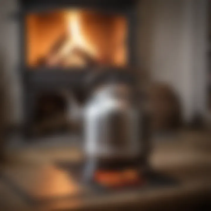 Stainless steel kettle placed on a wood stove with embers glowing