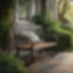 A beautifully crafted front porch rocker bench surrounded by lush greenery