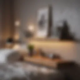 Stylish wooden shelf showcasing decorative items in a modern bedroom