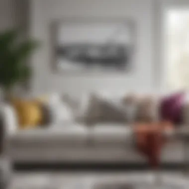 Gray and white couch paired with colorful decor elements