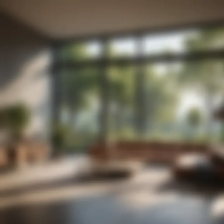 A spacious living room with large floor-to-ceiling windows showcasing a panoramic view of nature.