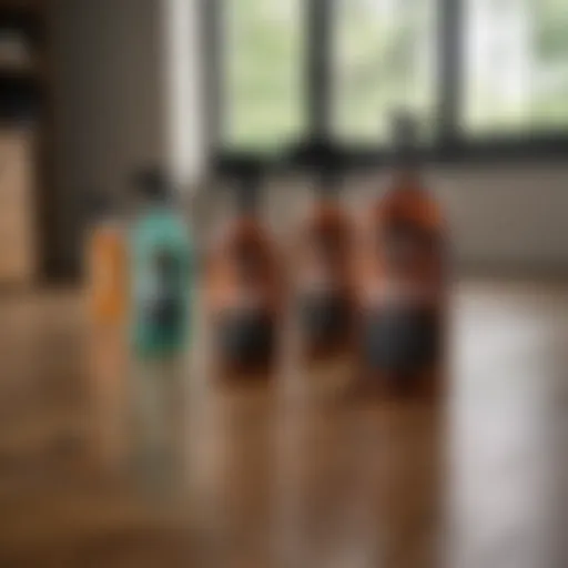 Various hardwood cleaner bottles displayed on a wooden surface