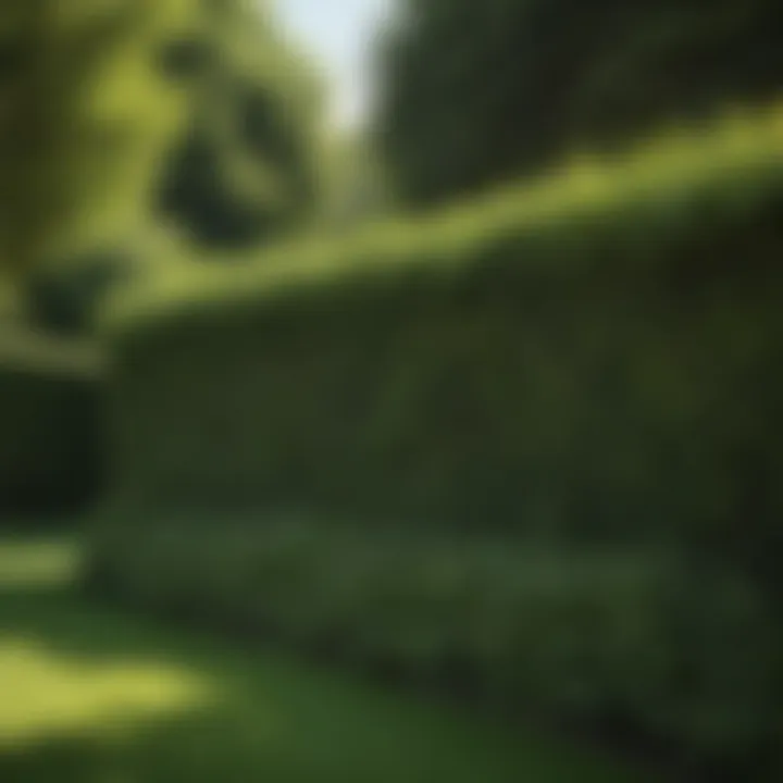 A lush garden exhibiting various plants sheltered by a natural windscreen of hedges