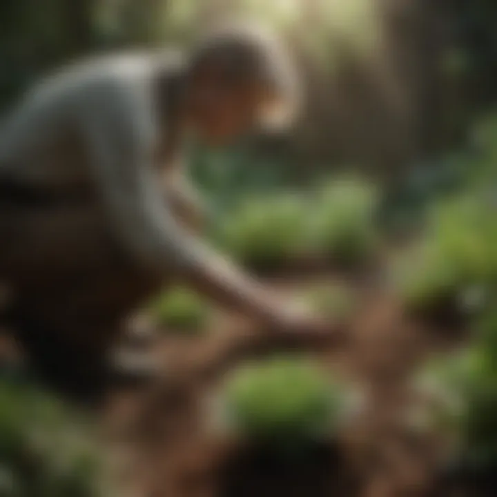 Gardener examining plants in relation to soil health