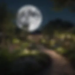 A serene night sky showcasing a full moon illuminating a garden