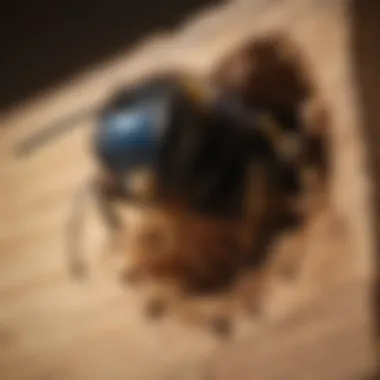 Close-up of a carpenter bee entering a wooden nest