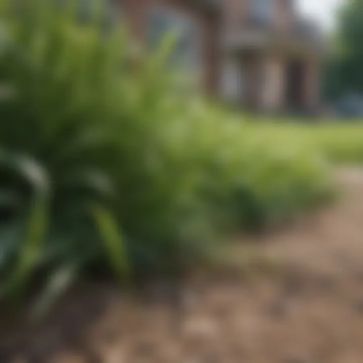 Close-up of healthy grass overtaking crabgrass-infested area