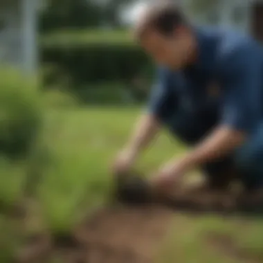 Professional lawn care specialist examining crabgrass roots