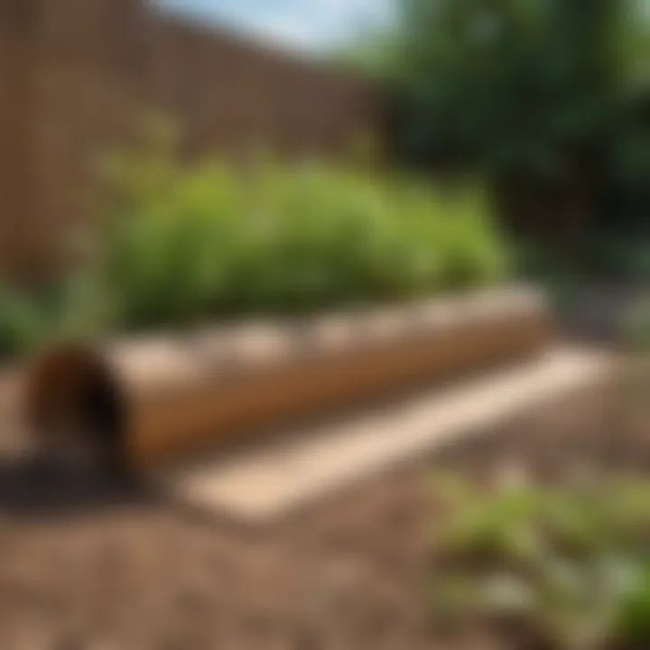 A vibrant garden with cardboard laid out to suppress weeds