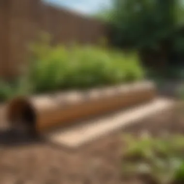 Cardboard in Action: An Eco-Friendly Weed Barrier A vibrant garden with cardboard laid out to suppress weeds