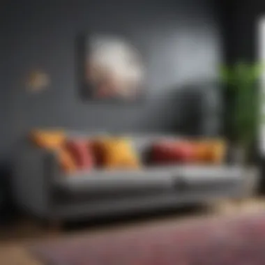 Grey Sofa with Vibrant Color Accents Grey sofa complemented by vibrant color accents