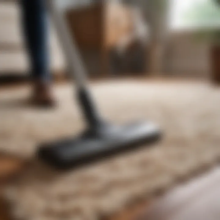 Natural wool area rug being vacuumed with a soft brush attachment