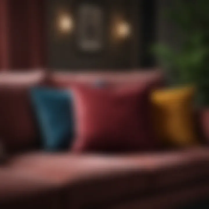 Luxurious velvet pillows in rich hues on cozy couch