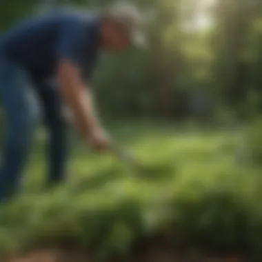 Professional lawn technician inspecting weed growth