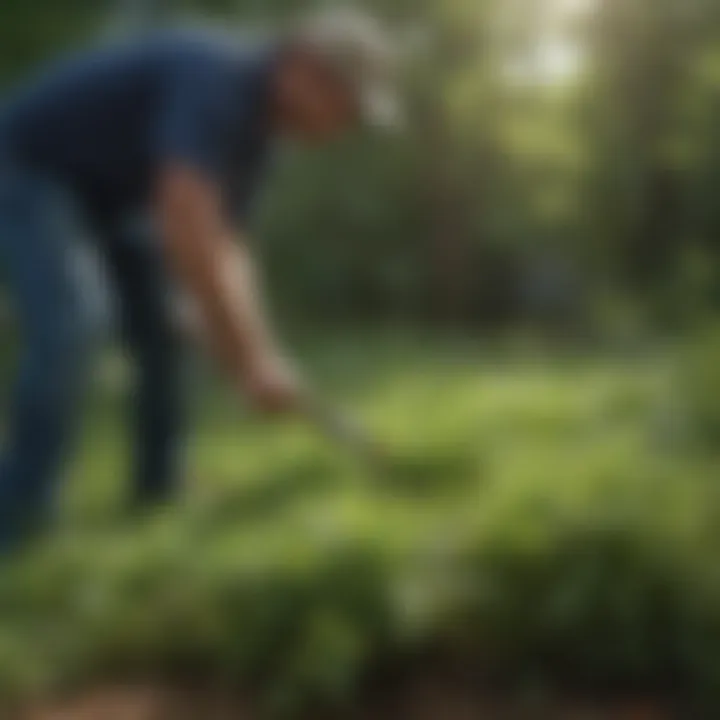 Professional lawn technician inspecting weed growth