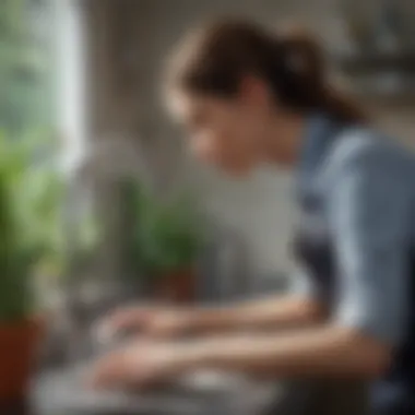 Woman cleaning stainless steel sink