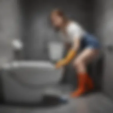 Woman using rubber gloves and toilet brush