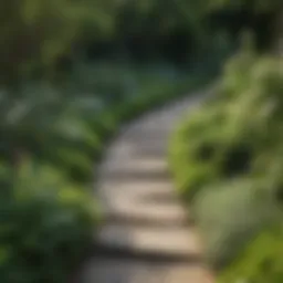 A harmonious wooden garden path winding through lush greenery